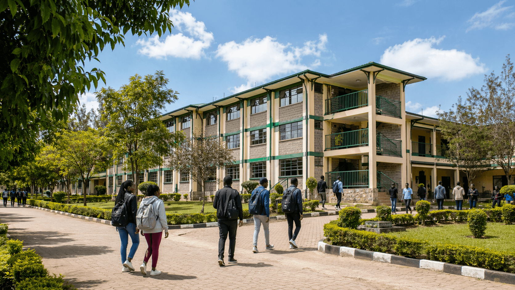 Students walking near a technical college training block